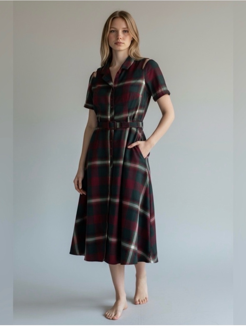 Collectif Plaid Green Burgundy Midi Dress with Belt